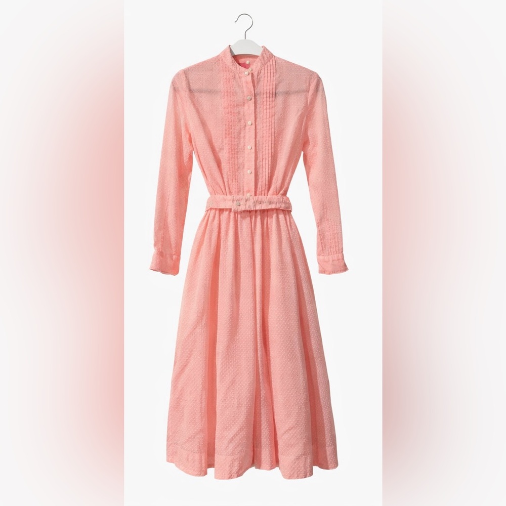 Vintage 1950s Pink Swiss Dot Dress | Fashion Frocks | Belted | Size M (6–8)